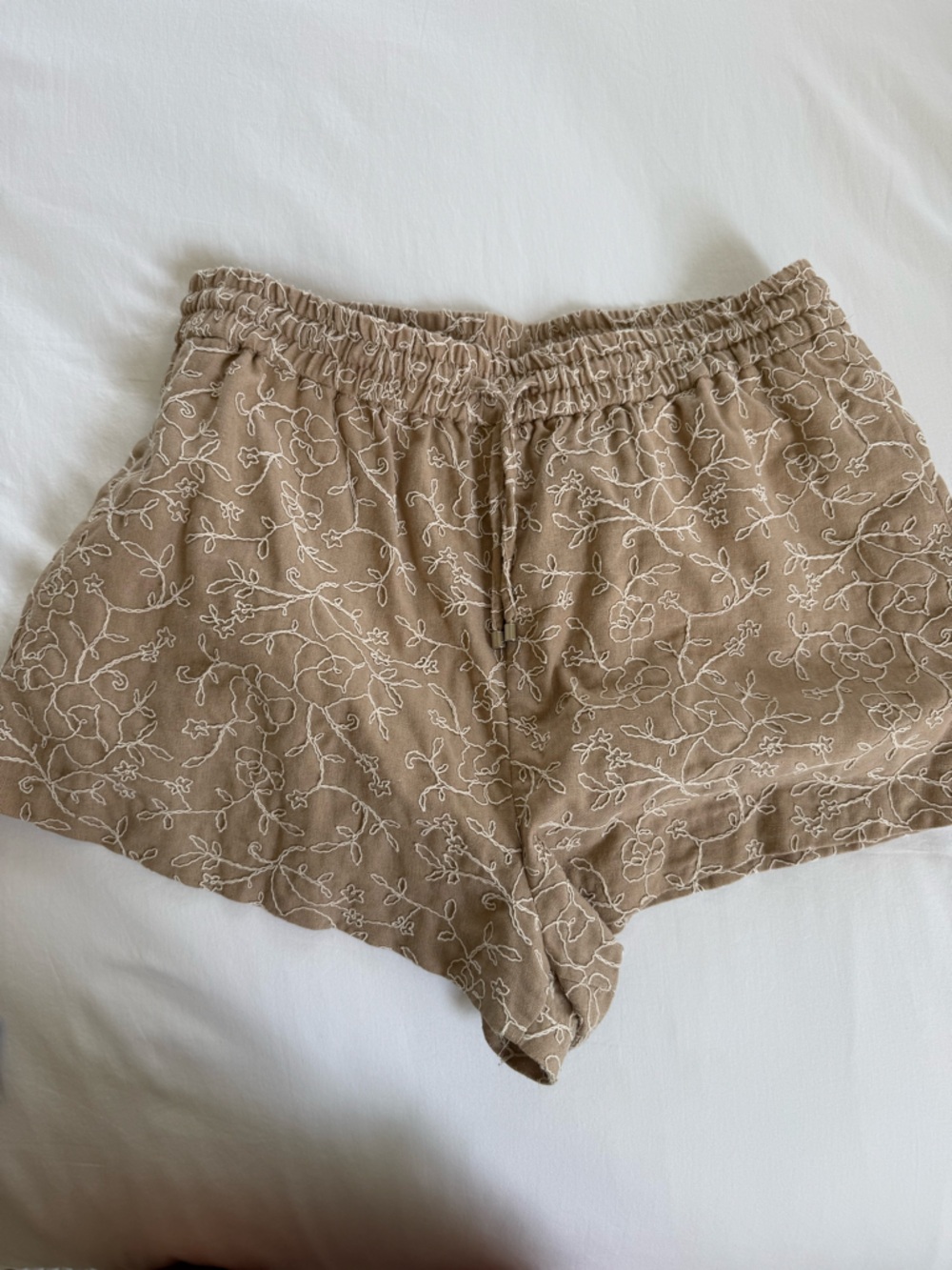 Beige Floral Embroidered Shorts